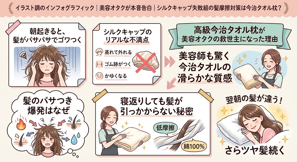 美容オタクが本音告白！シルクキャップ失敗組の髪摩擦対策は今治タオル枕？