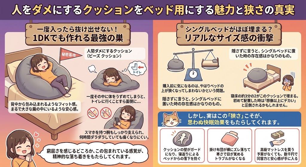 人をダメにするクッションをベッド用に使う