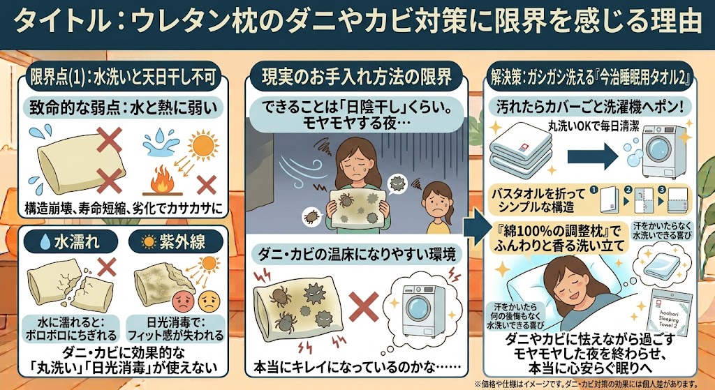 ウレタン枕のダニやカビのお手入れ方法に限界？