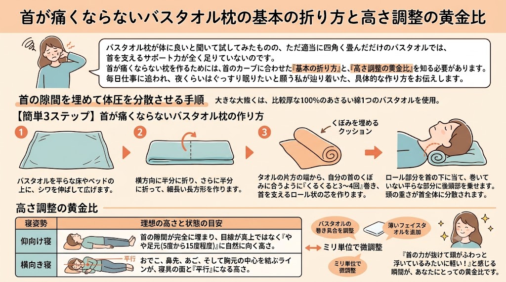 首が痛くならないバスタオル枕の基本の折り方