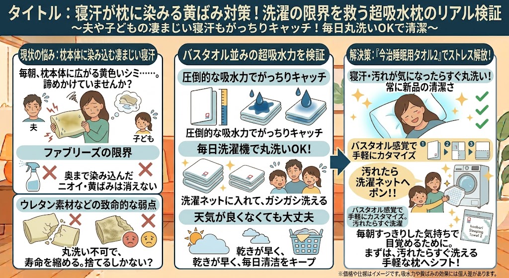 寝汗が枕に染みる黄ばみ対策！洗濯の限界を救う超吸水枕のリアル検証