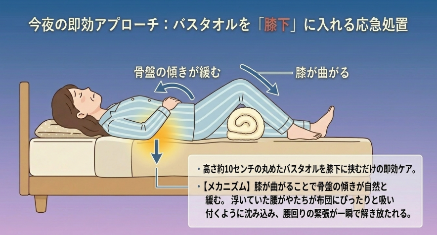 手持ちの枕やバスタオルを「膝下」に入れるだけで腰が落ち着く