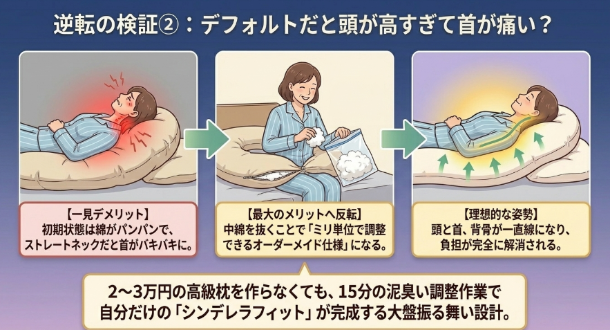 デメリット2:デフォルトだと「頭の部分が高すぎて首が痛い」