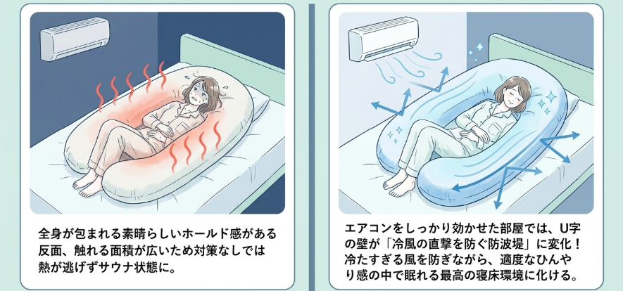愛用のU字型抱き枕ハグモッチも夏は暑い？