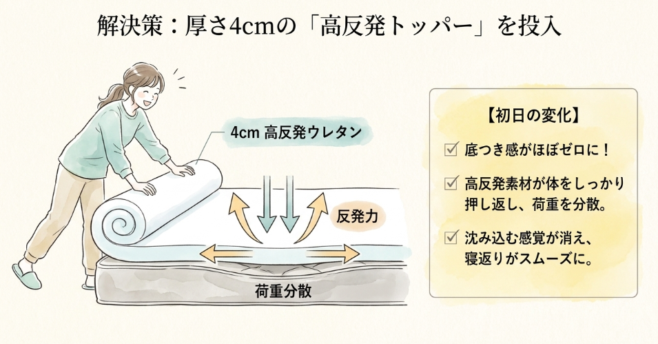 薄型高反発トッパーを重ねた初日の変化